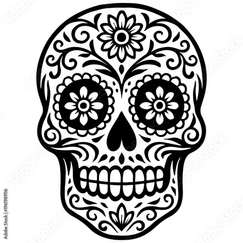 Sugar skull with floral black and white decorative skull