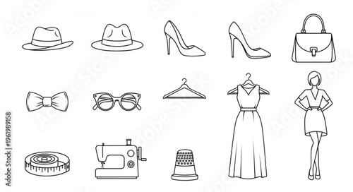 Fashion and Sewing Icons - Hats, Heels, Dress, and Sewing Machine.