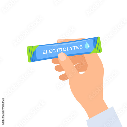 Hand holding electrolyte stick pack. Hydration supplement sachet