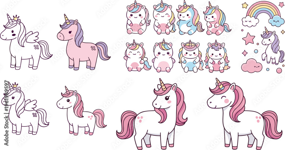 Obraz premium Cute unicorn characters collection with pastel rainbow elements, kawaii fantasy ponies vector set