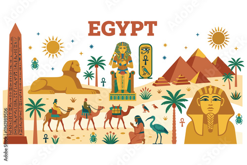 Ancient egypt landmarks and culture icons set with pyramids sphinx pharaoh and hieroglyphs.