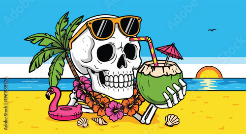 Tropical beach scene with skull sipping coconut cocktail at sunset