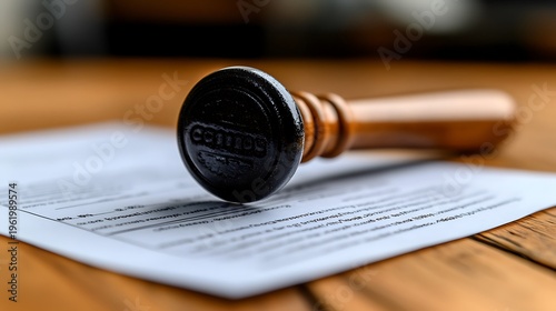 Close up of a wooden notary stamp on a legal document.