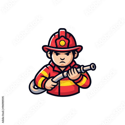 Cartoon Firefighter Holding Hose Ready for Action.
