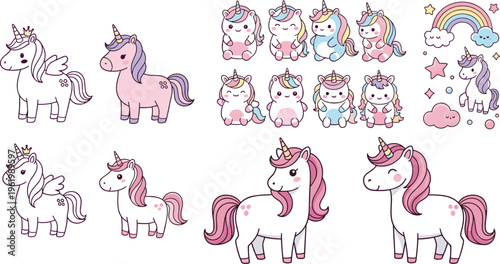 Cute unicorn characters collection with pastel rainbow elements, kawaii fantasy ponies vector set