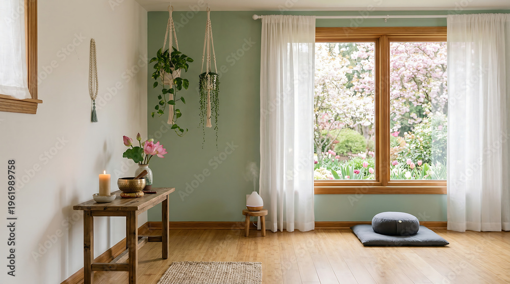 Fototapeta premium Peaceful meditation room with garden views and flowers, spring zoom background