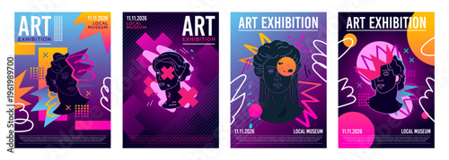 Poster statue. Futuristic modern graphic print. Collage surrealism. Psychedelic neon techno. Fashion cyberpunk background. Face in Greek design. Vector garish flyer modern promotional illustration