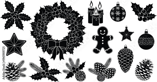 Christmas holiday decoration set featuring black silhouettes of a wreath gingerbread man candles holly leaves pine cones and ornaments isolated on white background.