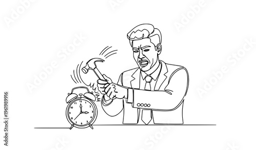 Continuous line drawing stressed Arabian businessman hitting alarm clock deadline pressure concept vector
