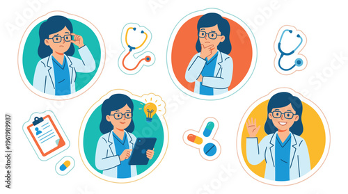 Diverse vector illustrations of a female doctor in various professional poses, essential for healthcare and medical clinical presentations