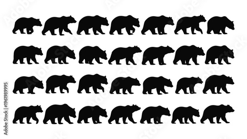 A herd of elephants walking in a line depicted in silhouette against a white background