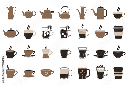 Collection of coffee and tea cups, mugs, and pots in various styles and colors.