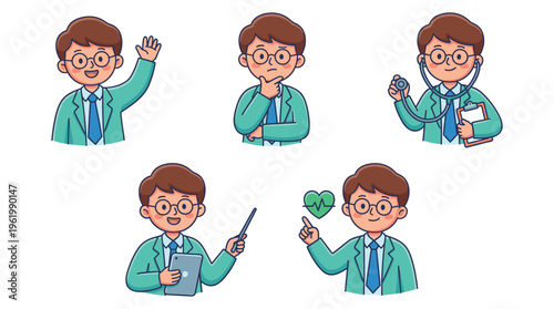 Professional medical doctor character set offering comprehensive healthcare and clinical expertise, depicting various poses and services