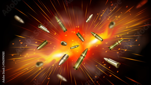 Gun flying. Fast flame explosion. Speed trail power. Background motion weapon. Exploding flash with fire and smoke. Military war. Pistol shooting. Scattered bullets. Vector realistic gold energy burst