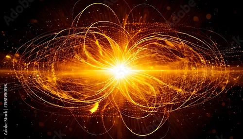 An abstract burst of light surrounded by curving golden energy, with a dark background