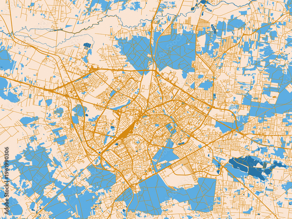 Fototapeta premium Minimal city map of Bialystok, Poland with light cream and blue contrast