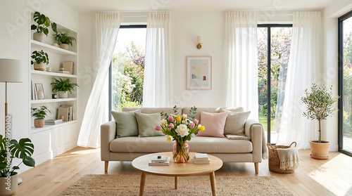 Modern airy living room with tulips and sunlight, ideal spring zoom background for video calls