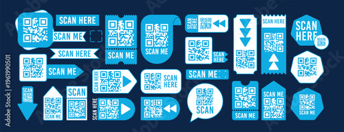 QR code smartphone. Frame for mobile scan. Phone icon, box, cell shape. Template app sticker. Barcode scanner, customer tag. Badge bar. Blue marketing stickers. Vector garish design isolated set