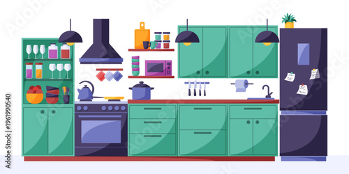 Kitchen. Cooking appliances. Home interior, dining furniture. Refrigerator, shelves in room. Sink, household food equipment. Home cook. Vector modern garish cartoon flat style isolated illustration