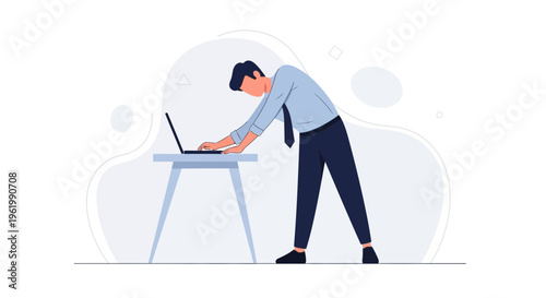 Man bending over laptop at desk, bad posture, office work, illustration