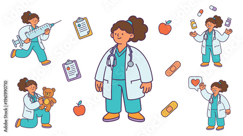Illustrative collection showcasing a dedicated Doctor, a vital Healthcare Medical Professional performing essential Clinical duties with diverse tools and compassionate care