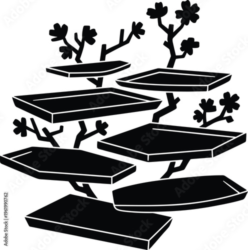Minimalist black silhouette of a tiered tree branch shelf with blossoms for oriental manner home decor design composition.