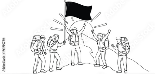 hikers celebrate on mountain peak with flag