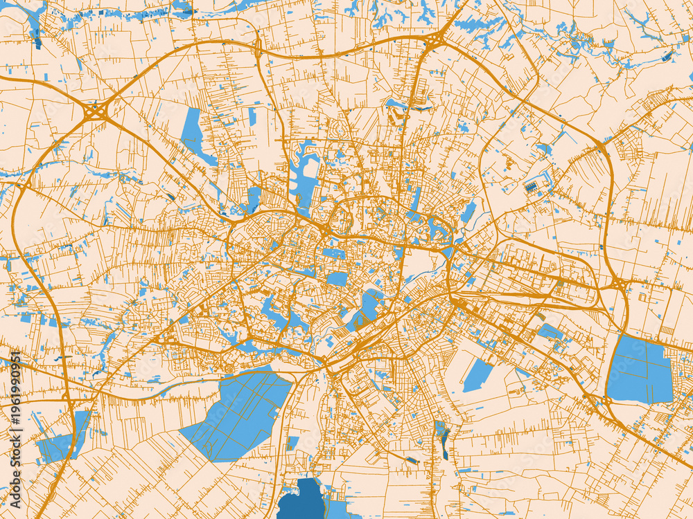 Naklejka premium Minimal city map of Lublin, Poland with golden linework with blue water