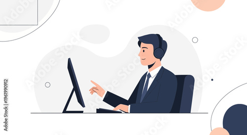 Customer service agent with headset working on computer, modern office illustration