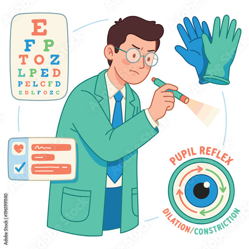 A dedicated Healthcare Professional Doctor performs a Clinical Medical eye examination and pupil reflex check