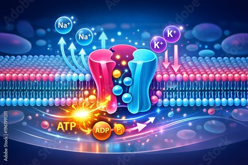 Futuristic Sodium Potassium Pump Active Transport in Cell Membrane Vector Illustration