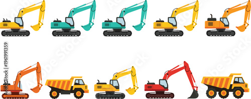 Colorful set of heavy construction machinery icons including yellow orange and red excavators and dump trucks isolated on white background for industrial building projects.