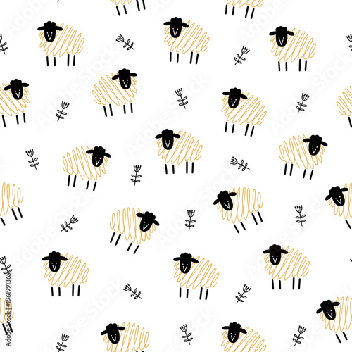 Vector seamless pattern with playful sheeps and flowers. Whimsical sheeps with spiral bodies. 
Good for textile, wrapping paper, backdrop and other.