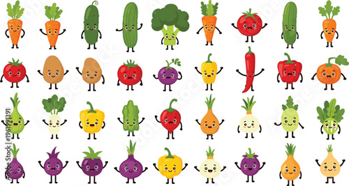 Cute vegetable characters collection with funny faces and different poses, cartoon healthy food mascots set for kids illustration, stickers and playful vector design