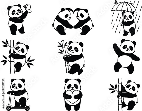 Cute Panda Vector Set Featuring Hand Drawn Baby Pandas Holding Hearts Bamboo Umbrella Riding Scooter and Playing for Creative Designs