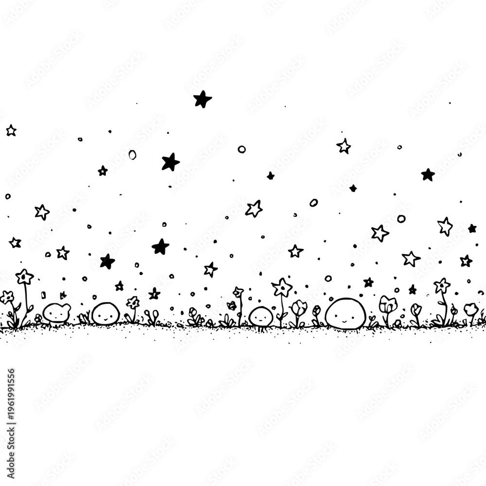 Obraz premium Whimsical black and white illustration of stars and flowers in a magical night sky with a dreamy atmosphere and a field of grass and plants