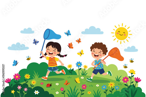 Happy children running in summer flower field catching butterflies with nets under sun ray.