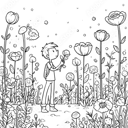 Boy smelling flower in garden with tall poppies and bubbles floating