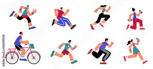 Run sport. Man and woman running. Athletic marathon race. Fitness workout. Physical exercise. Cartoon jogger character side view. Person on bicycle. Young people jogging. Isolated sportsmen vector set
