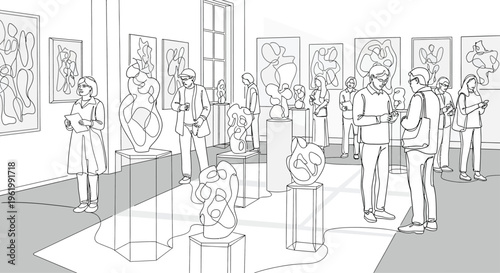 art gallery with sculptures and people