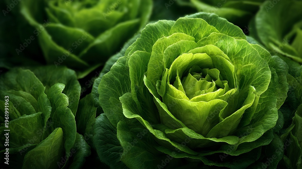 Fototapeta premium A vibrant green lettuce plant with lush leaves growing in a garden bed surrounded by other similar plants.