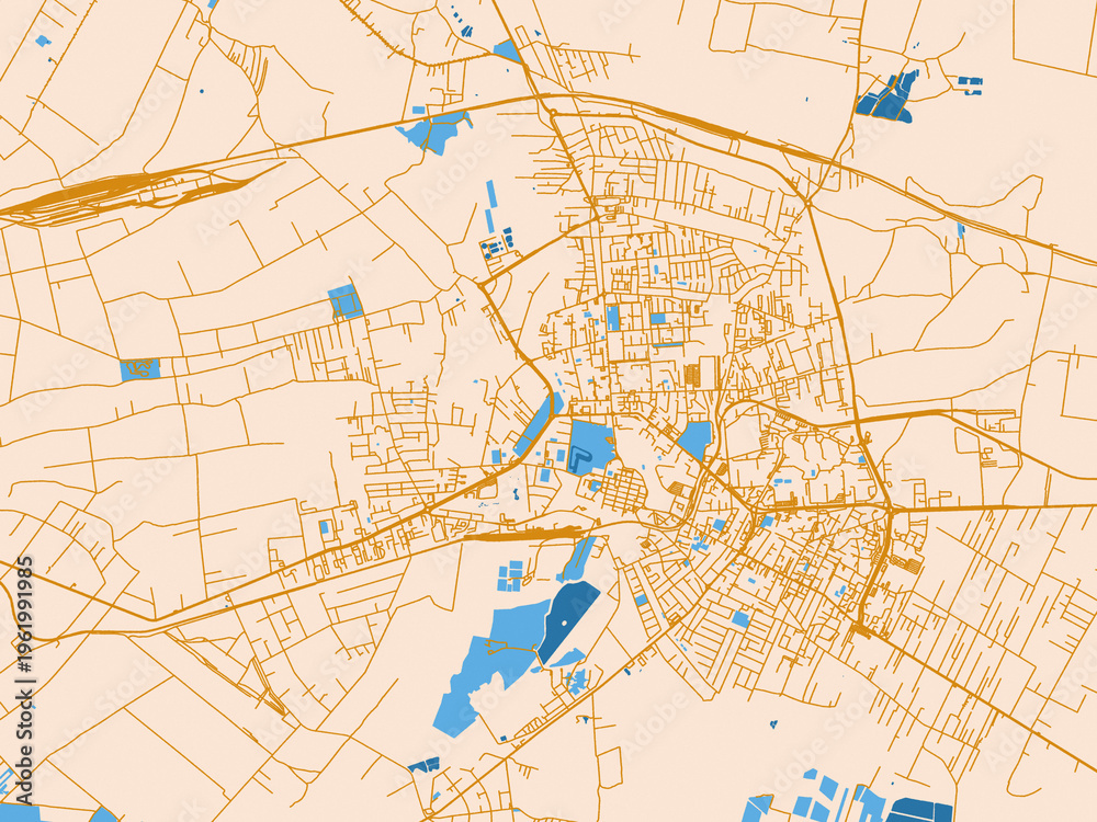 Naklejka premium City map of Zamosc, Poland — light cream city field with mustard-gold linework and vivid blue lakes, rivers and waterways