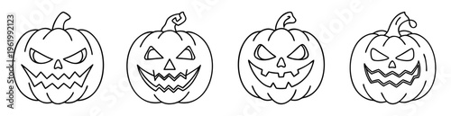 Line art illustration of four jacko'lanterns with different facial expressions
