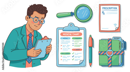 Professional Clinical Doctor Analyzing Medical Chart with Essential Healthcare Tools and Prescription Forms for Patient Care Management