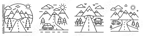 Line art illustration of cars driving in scenic mountain landscapes