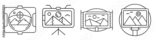 Iconographic depiction of vintage cameras displaying iconic mountain landscapes