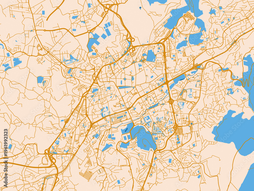 Fototapeta premium Minimal city map of Braga, Portugal with cream map with golden roads