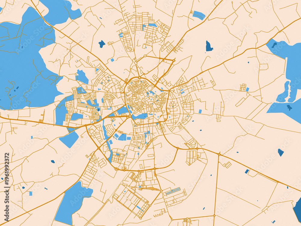 Fototapeta premium City layout poster — Evora, Portugal – golden linework with blue water