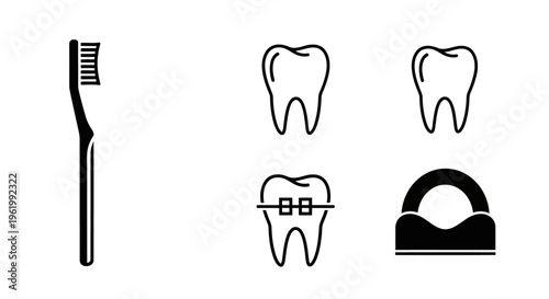 A collection of black and white dental care icons featuring a toothbrush, teeth, and dental floss