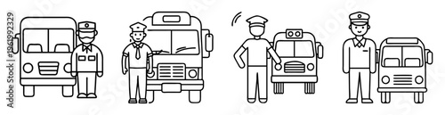 cartoon outlines of several bus drivers standing next to their buses